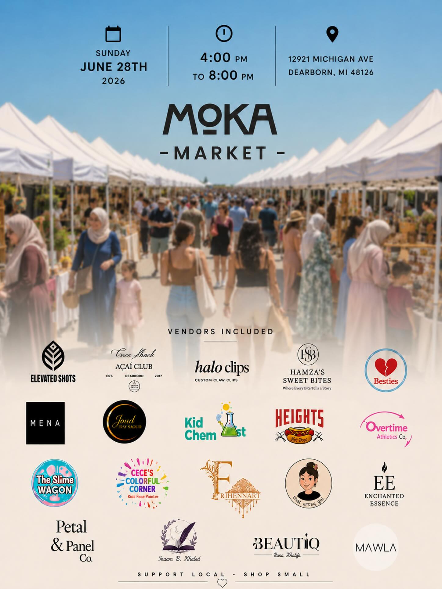Join us at the first-ever MOKA Market at Moka & Co - Dearborn, Michigan 📍 Spend your Sunday shopping local, discovering unique finds, and supporting amazing small businesses from our community.

🗓 Sunday, June 28, 2026
⏰ 4:00 PM &ndash; 8:00 PM
📍 Moka & Co | 12921 Michigan Ave, Dearborn, MI 48126

Featuring 20+ local vendors, delicious treats, handmade goods, family-friendly fun, and so much more.

🎟 FREE admission &mdash; bring your friends and family!

Support local. Shop small. See you there! 🤎

#MokaMarket #MokaAndCo #DearbornMI #DearbornEvents #ShopSmall

Vendors include:
@_elevatedshots 
@cocoshack.mi 
@haloclips.co 
@hamzassweetbites 
@bestiesgummicandy 
@menajewelryco 
@kidchemist 
@heightshotdogs 
@overtimeathleticsdetroit 
@theslimewagon 
@cecescolorfulcorner 
@farihennart 
@enchanted.essence22 
@petalandpanelco 
@beautiqbyrana 
@mawla.apparel 
@ibkhaledbooks 
@that.artsyy.gal 
@oud_by_saoud