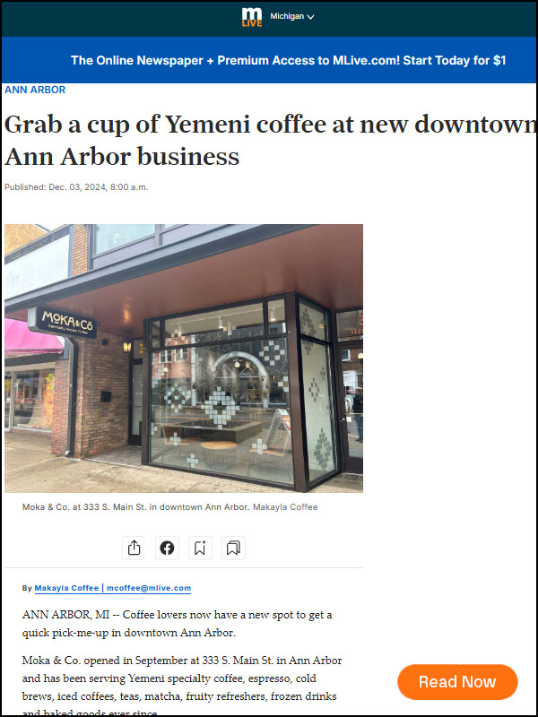 Read Michigan Live Article on Ann Arbor Moka & Co Yemeni Cafe